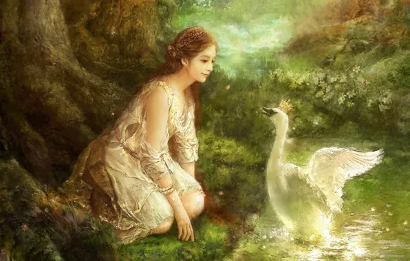 Picture forest, flowers, stream, oil, picture, crown, fantasy, art, Swan, fantasy, forest, swan, Princess, canvas, South …