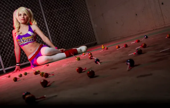 Picture look, girl, wall, grille, blonde, sitting, cosplay, Lollipop Chainsaw, Juliet Starling, Lollipop