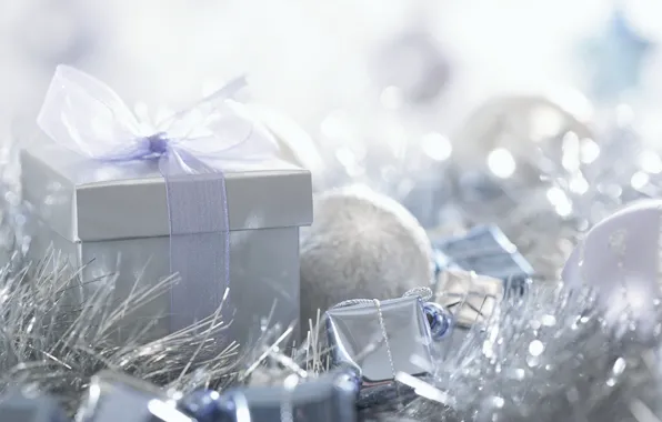 Picture macro, holiday, box, gift, new year, tape, new year, tinsel, bow, macro, Christmas balls
