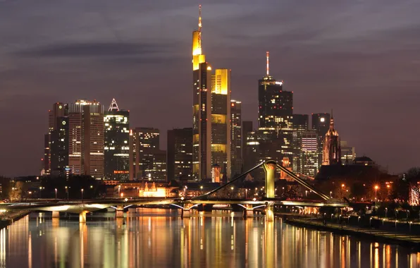 Picture night, bridge, lights, river, home, Frankfurt, Germany