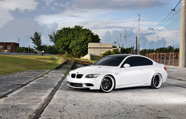 Picture white, the sky, clouds, bmw, BMW, railroad, white, wheels, e92, power line, stolly