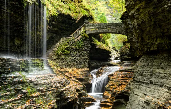 Picture bridge, stream, stones, rocks, waterfall, New York, ladder, steps, USA, Watkins Glen State Park
