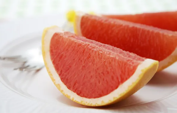 Picture macro, plate, white background, citrus, slices, fork, Grapefruit