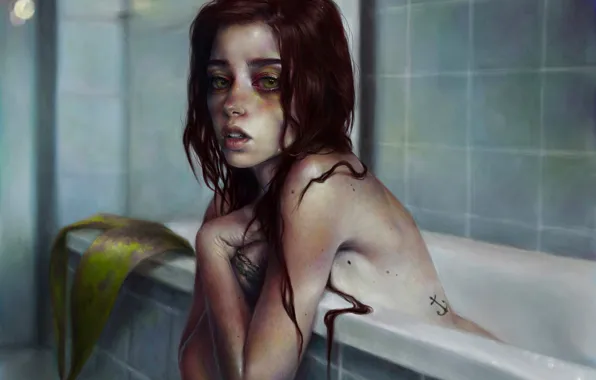 Picture look, girl, face, mermaid, art, bath, red
