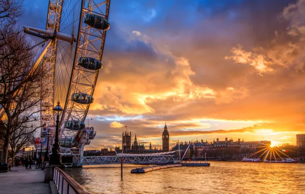 Picture the sun, clouds, sunset, city, the city, river, England, London, Ferris wheel, sunset, London, The …