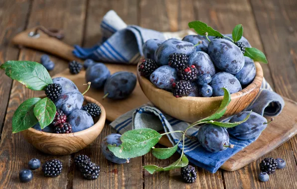 Picture leaves, berries, blueberries, dishes, Board, fruit, still life, plum, BlackBerry, Anna Verdina