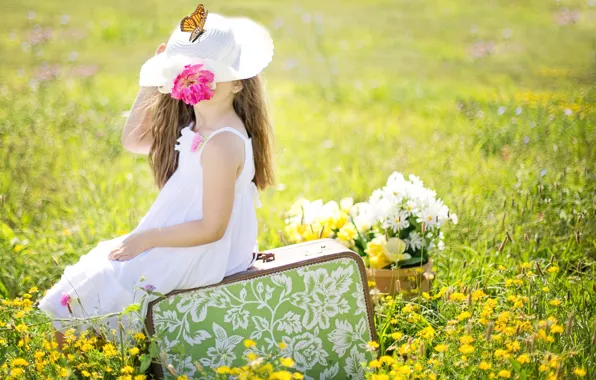 Picture field, summer, flowers, nature, collage, butterfly, hat, girl, suitcase, child, sundress