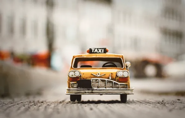 Picture car, toy, old, taxi, yellow, toy, street, asphalt, model, miniature, car model