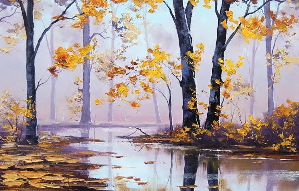Picture autumn, forest, trees, nature, river, yellow leaves, art, artsaus