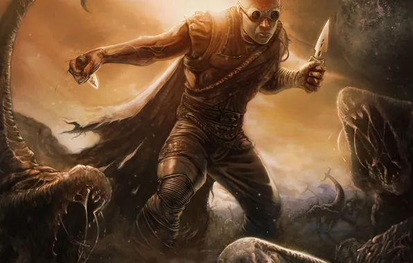 Picture planet, art, glasses, monsters, male, knives, Riddick