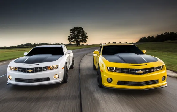 Picture road, white, the sky, yellow, Chevrolet, Camaro, Chevrolet, Camaro, the front, Muscle car, Muscle car, …