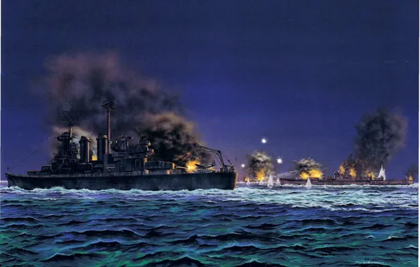 Picture night, figure, art, cruiser, Japanese, sea battle, WW2, linear, Guadalcanal, 14 Nov 1942, American battleship …