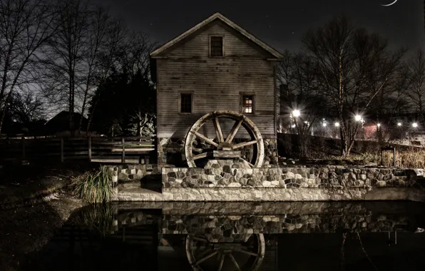 Picture water, trees, night, lights, house, reflection, a month, mill
