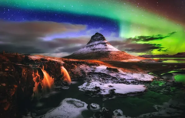 Picture light, night, Northern lights, waterfalls, Iceland, mountain Kirkjufell
