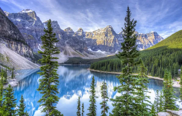 Picture forest, the sky, clouds, snow, trees, mountains, lake, spruce, Alberta, Canada, Canada, Moraine Lake