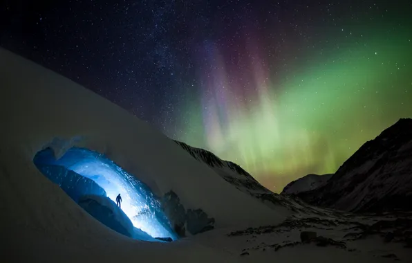 Picture the sky, stars, light, snow, mountains, night, rocks, people, ice, Northern lights, caves