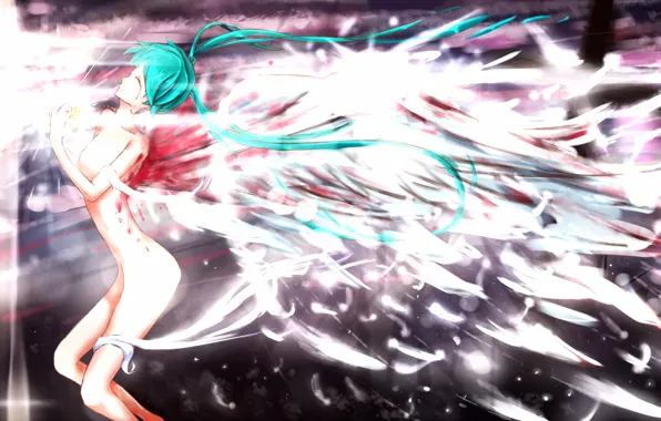 Picture girl, blood, wings, angel, feathers, art, vocaloid, hatsune miku, Vocaloid, naked, qiangqiud-arc