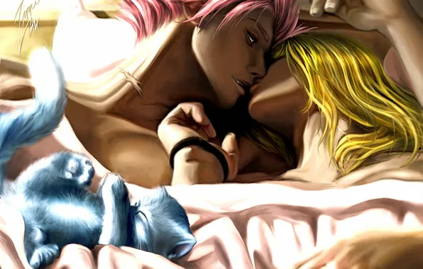 Picture cat, cat, girl, love, art, pair, bed, guy, Fairy Tail