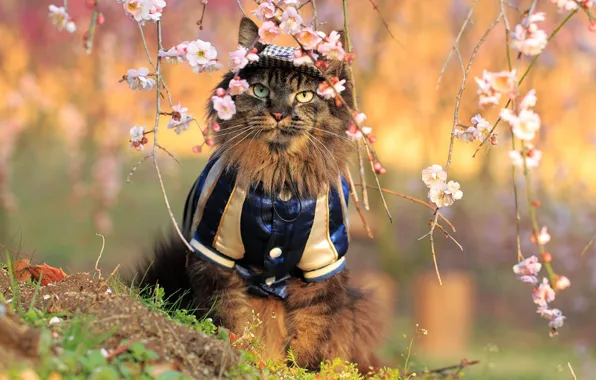 Picture flowers, Sakura, Cat, costume, sitting