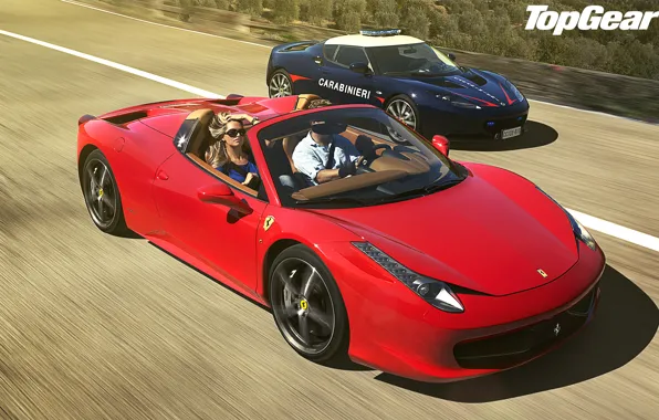 Picture blue, red, blonde, Lotus, Ferrari, Lotus, Ferrari, 458, italia, top gear, Italy, spider, and, supercars, …