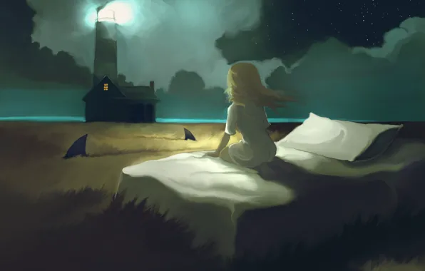Picture field, lighthouse, bed, sleep, girl, sharks