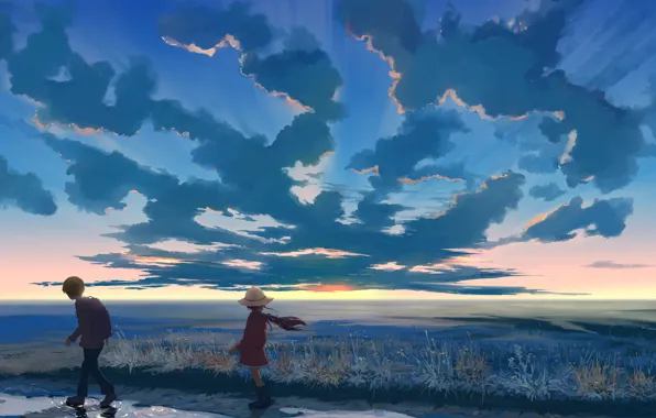 Picture the sky, clouds, sunset, nature, hat, anime, boy, art, girl, hangmoon