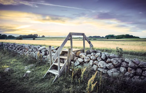Picture field, the sky, clouds, trees, stones, the fence, ladder, Sweden, Sweden, wooden
