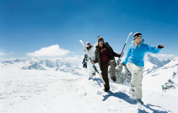 Picture winter, the sky, snow, mountains, girls, mood, stay, ski, guys, hike, travel expenses