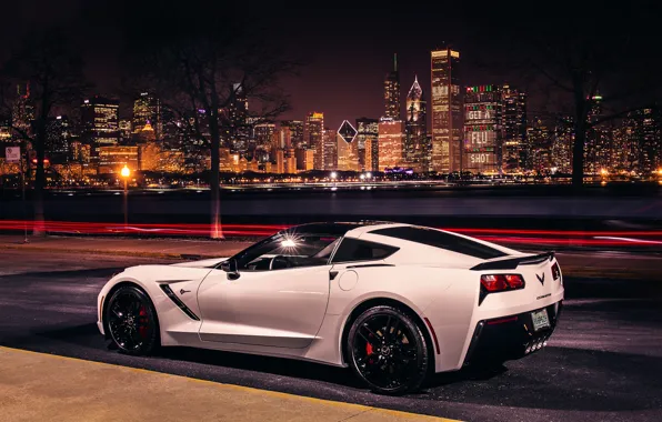 Picture road, light, night, the city, excerpt, Corvette, Chevrolet, USA, Chicago, Coupe, Stingray