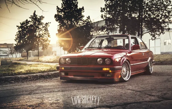 Picture car, the sun, bmw, red, Blik, low, e30, 3 series, stance, hq Wallpapers