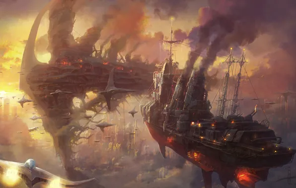 Picture clouds, sunset, the city, smoke, ships, art, steampunk, Armada, in the sky, Minseub Young