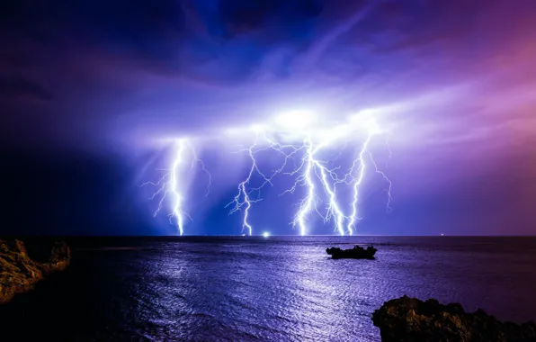 Picture the storm, night, clouds, storm, nature, the ocean, lightning, Australia