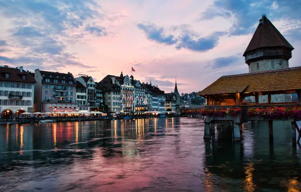 Picture clouds, the city, lights, reflection, river, home, the evening, Switzerland, Lucerne