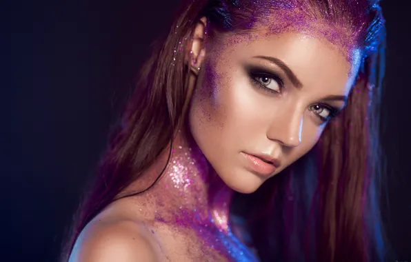 Picture look, girl, background, paint, portrait, makeup, hairstyle, beautiful, glitter, Alina Bagrets