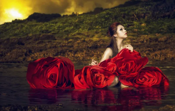 Picture water, girl, flowers, style, roses, Asian