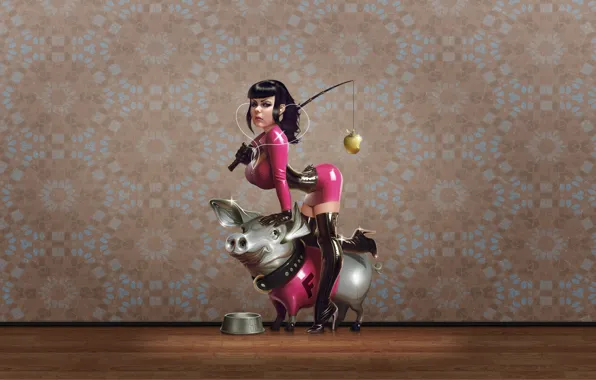 Picture girl, pink, Wallpaper, Apple, headphones, player, latex, pig, collar, bowl, bust, rod