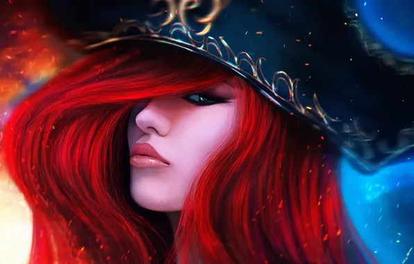 Picture girl, hat, red, lol, League of Legends, Bounty Hunter, miss fortune