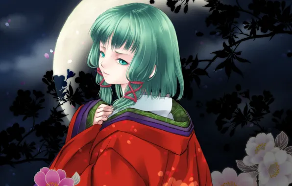 Wallpaper girl, flowers, night, the moon, kimono, Vocaloid, green hair,  Vocaloid, Gumi images for desktop, section прочее - download