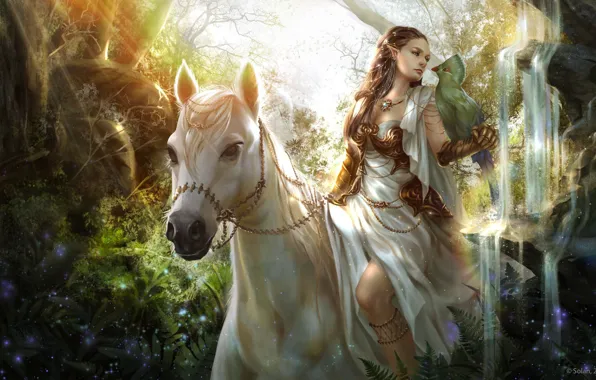 Picture look, girl, bird, horse, art, elf, fantasy, animal. nature