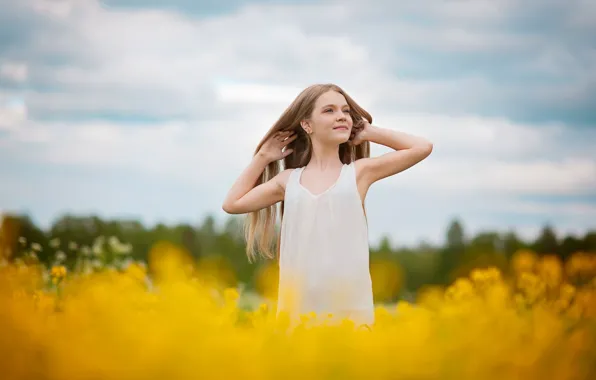 Picture field, summer, joy, happiness, flowers, hair, girl