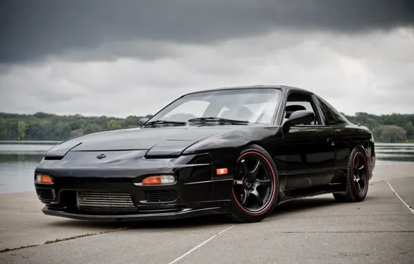 Picture the sky, trees, clouds, lake, black, nissan, wheels, drives, black, Nissan, 240sx, 240S x
