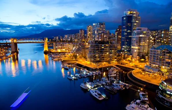 Picture water, night, bridge, lights, reflection, building, boats, pier, Canada, Vancouver