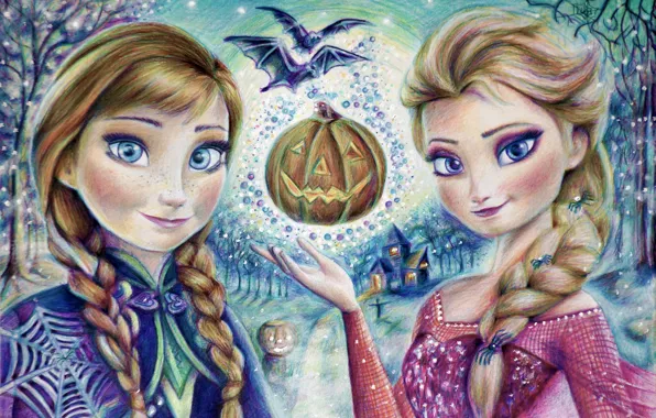Picture girls, pumpkin, Halloween, halloween, Anna, art, frozen, Elsa, Snow Queen, Cold heart