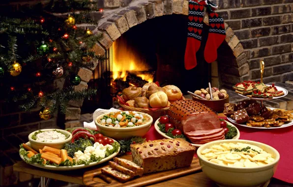 Picture tree, new year, food, meat, socks, fireplace, meals, festive table