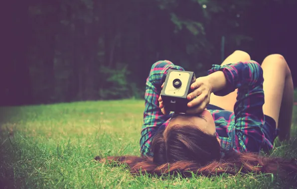 Picture greens, summer, grass, girl, nature, background, Wallpaper, mood, brunette, the camera, binoculars