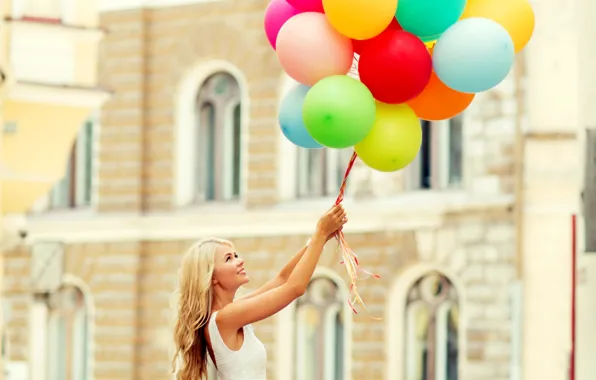 Picture balls, joy, happiness, balloons, girl, happy, woman, smile, balloons