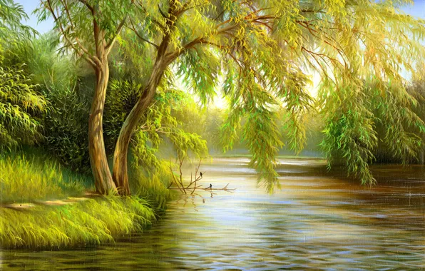 Picture trees, birds, nature, painting, canvas, green