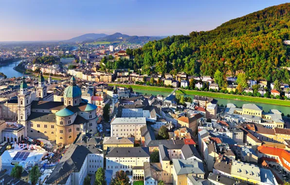 Picture Home, Mountains, The city, River, Austria, panorama, Salzburg