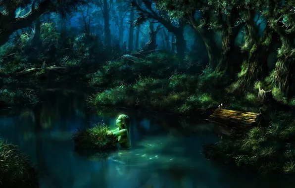Picture forest, water, girl, lake, pond, fantasy, art, log, nymph, bump