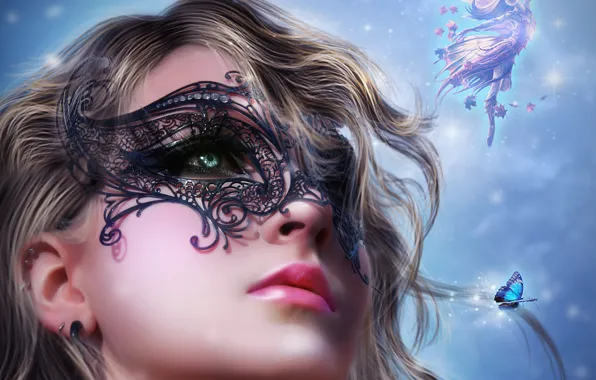 Picture look, girl, face, butterfly, hair, wings, mask, fairy, art, lips, black, curls
